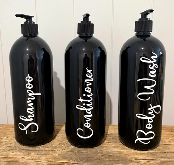 1Litre Black Pump Bottles With White Labels